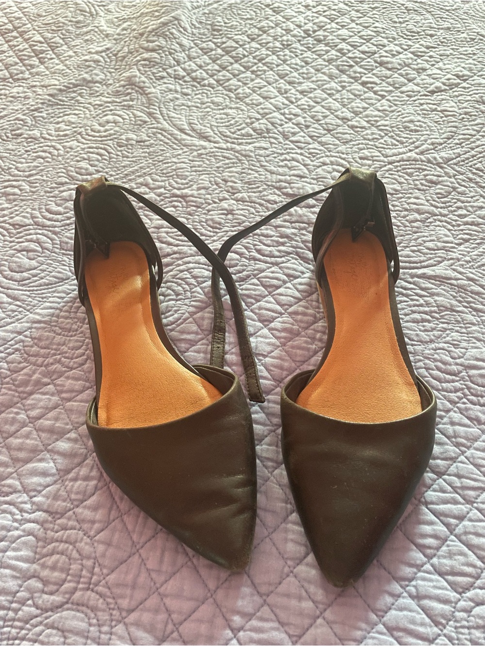 Crown Vintage Black Pointed D'Orsay Flats with Ankle Straps
